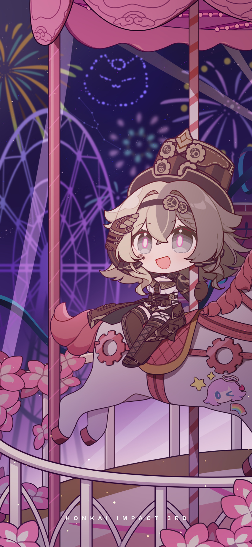 1girl, absurdres, aerial_fireworks, amusement_park, brown_footwear, brown_gloves, brown_headwear, brown_sleeves