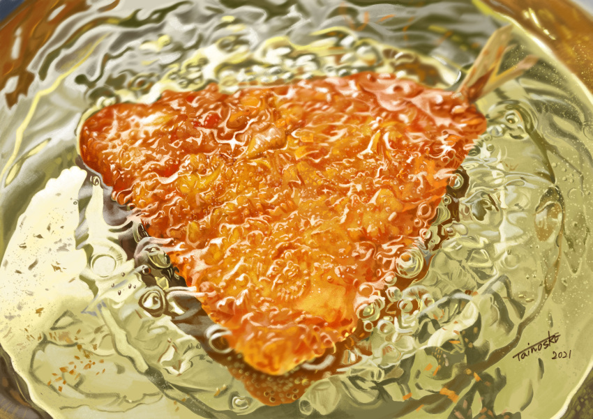 absurdres, bubble, cooking, dated, fish_(food), food, food_focus, fried_horse_mackerel, highres, no_humans, original, signature, tainosuke