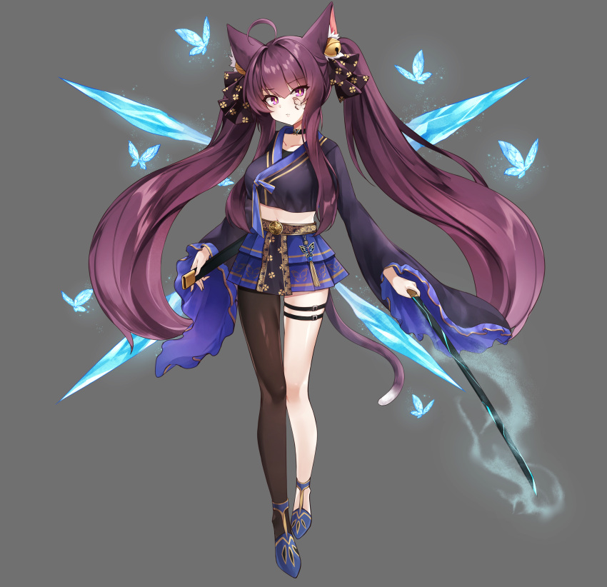 1girl, absurdres, ahoge, animal_ear_fluff, animal_ears, animal_print, artist_request, bell, black_choker, black_pantyhose, black_ribbon, black_shirt, blue_butterfly, blue_footwear, blue_gemstone, blue_skirt, breasts, brown_hair, bug, butterfly, butterfly_print, butterfly_tattoo, cat_ears, cat_girl, cat_tail, choker, clover_print, commission, crop_top, crop_top_overhang, cropped_shirt, facial_tattoo, full_body, gem, gold_trim, grey_background, hair_bell, hair_ornament, hair_ribbon, highres, holding, holding_sheath, holding_sword, holding_weapon, ice_crystal, jingle_bell, katana, long_sleeves, looking_at_viewer, medium_breasts, navel, original, pantyhose, parted_lips, pink_eyes, pleated_skirt, print_skirt, purple_gemstone, ribbon, second-party_source, sheath, shirt, sidelocks, simple_background, single_leg_pantyhose, skirt, solo, sul-lin-a, sword, tail, tassel, tattoo, thigh_strap, twintails, weapon, wide_sleeves