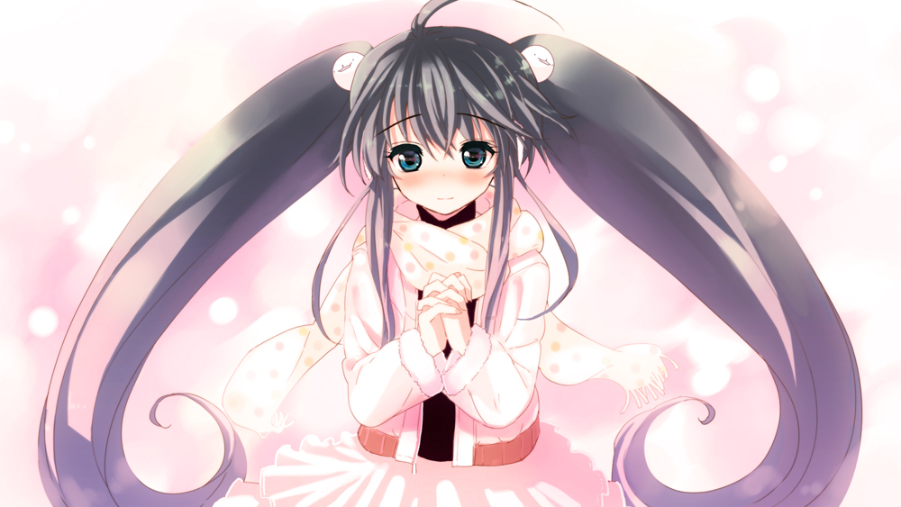 ahoge, bad_id, blue_eyes, blue_hair, blush, hair_bobbles, hair_ornament, hands_clasped