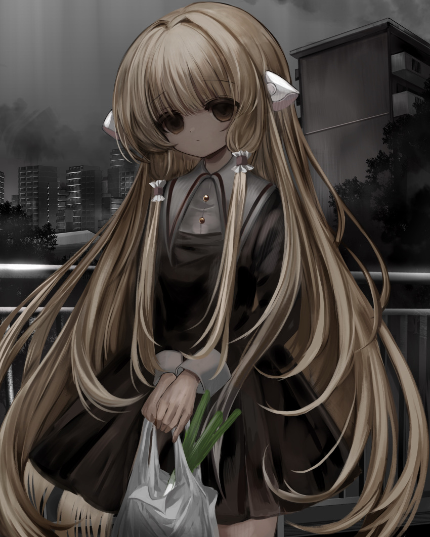 1girl, absurdres, bag, black_dress, blonde_hair, brown_eyes, building, buttons