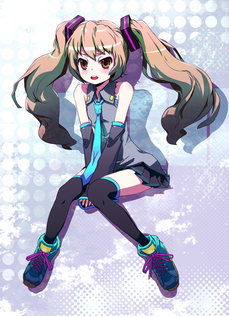aisaka_taiga, blush, brown_eyes, brown_hair, cosplay, detached_sleeves, hatsune_miku, hatsune_miku_(cosplay)