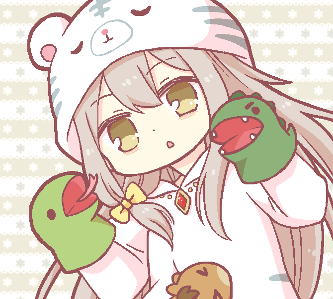 1girl, alternate_costume, animal_hood, anmitsu_(magenta), bags_under_eyes, bow, chestnut_mouth, dot_nose, dragon, gem, grey_background, grey_hair, hair_between_eyes, hair_bow, hand_puppet, hands_up, hood, hood_down, hoodie, jewelry, kureha_yuna, long_hair, long_sleeves, looking_at_viewer, magia_record:_mahou_shoujo_madoka_magica_gaiden, mahou_shoujo_madoka_magica, necklace, parted_lips, puppet, red_gemstone, snake, solo, striped, striped_background, very_long_hair, white_hoodie, yellow_bow, yellow_eyes