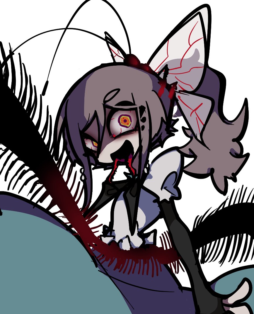 1girl, arthropod_girl, ayekakachan, bloodshot_eyes, blue_skirt, bug, centipede, eating_bugs, evil_smile, grey_hair, insect_on_head, insect_wings, looking_at_viewer, monster_girl, multicolored_eyes, open_mouth, orange_eyes, original, ringed_eyes, shirt, simple_background, skirt, smile, solo, twintails, upper_body, white_background, white_shirt, wings, yellow_eyes