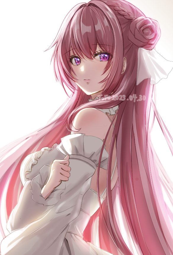 1girl, arm_under_breasts, artist_name, bare_shoulders, braid, dated, detached_sleeves, dorothy_(nikke)