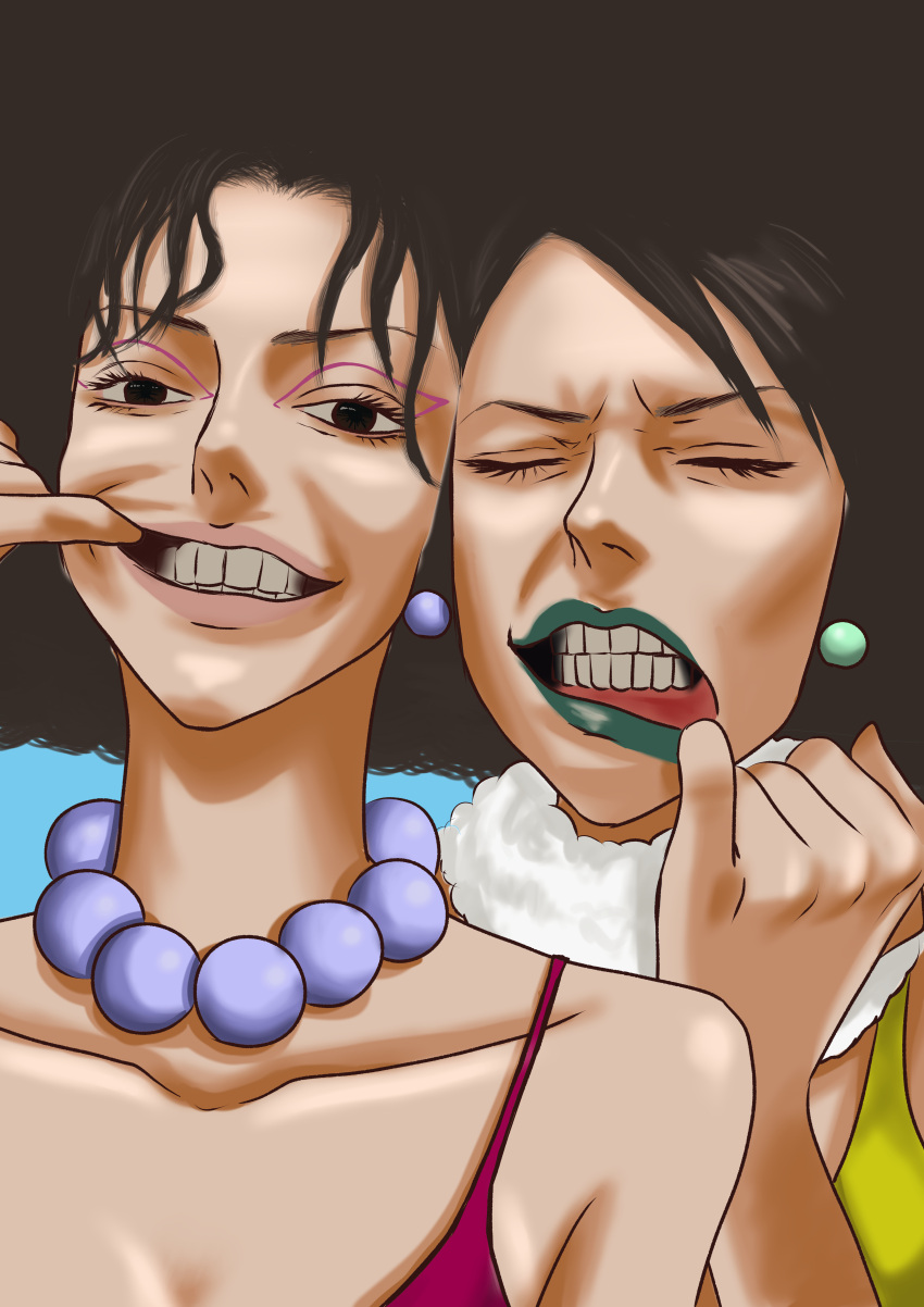 2girls, absurdres, afro, bead_necklace, beads, black_eyes, black_hair, closed_eyes