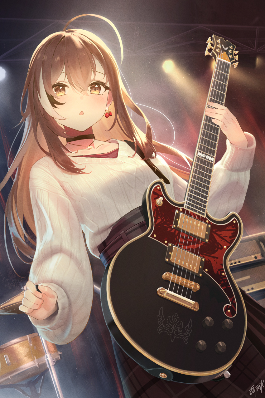 1girl, absurdres, ahoge, belt, berry, black_choker, brown_eyes, brown_hair