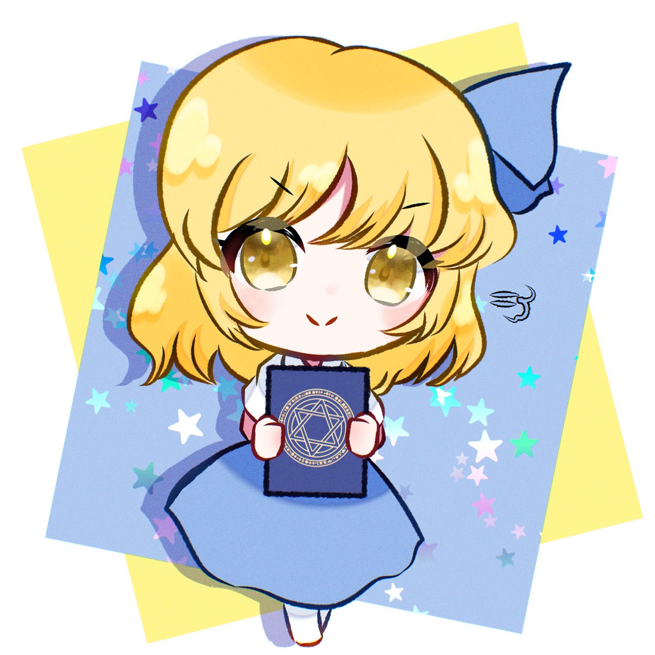 1girl, alice_margatroid, alice_margatroid_(pc-98), blonde_hair, blue_dress, blush, book, dress, esist_hourai, highres, holding, holding_book, looking_at_viewer, short_hair, smile, solo, standing, star_(symbol), touhou, touhou_(pc-98), yellow_eyes