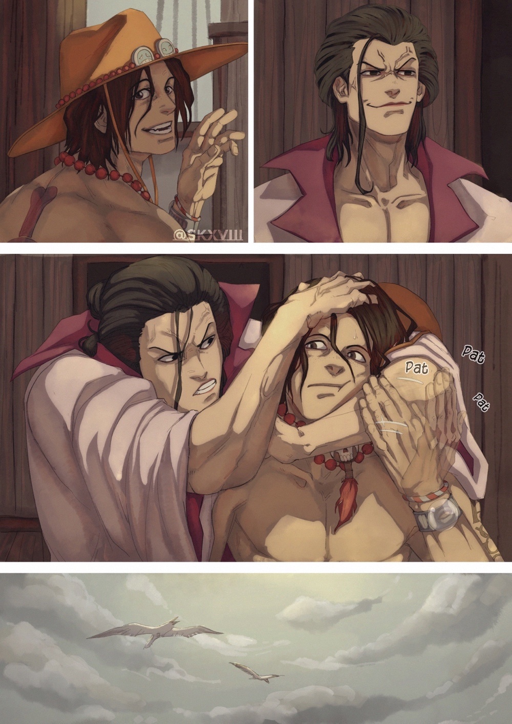 2boys, artist_name, bead_necklace, beads, bird, black_hair, closed_mouth, compass