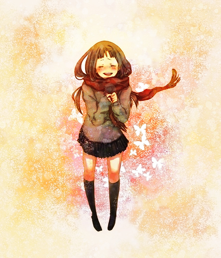 blush, brown_hair, highsocks, hime_cut, messe, sayoko_(sayonara_memories), sayonara_memories_(supercell), scarf