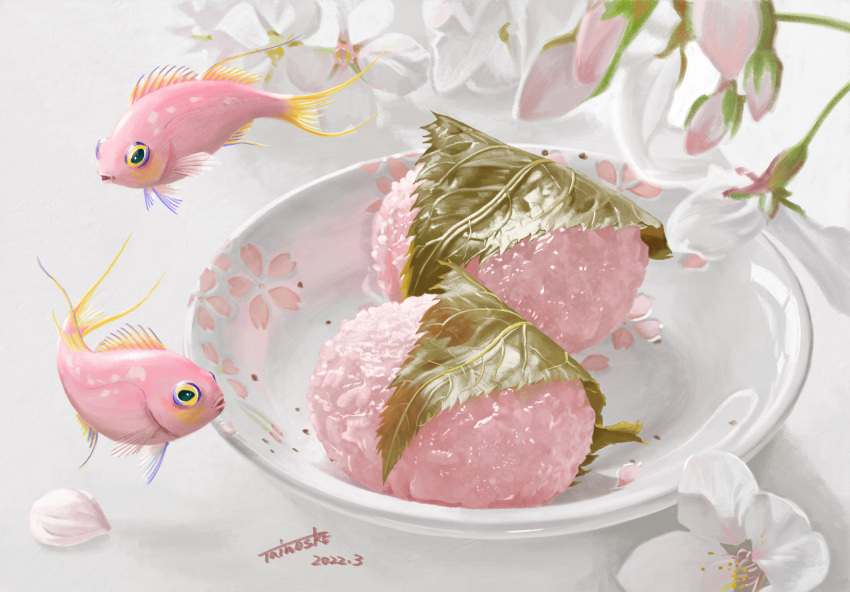 absurdres, anthias_(fish), cherry_blossoms, dated, fish, flower, food, food_focus, highres, leaf, no_humans, original, petals, plate, sakura_mochi, shadow, signature, surreal, tainosuke, wagashi, white_background, white_flower