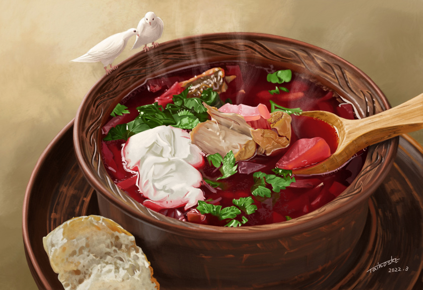 absurdres, bird, borscht_(food), bowl, bread, brown_background, commentary_request, dated