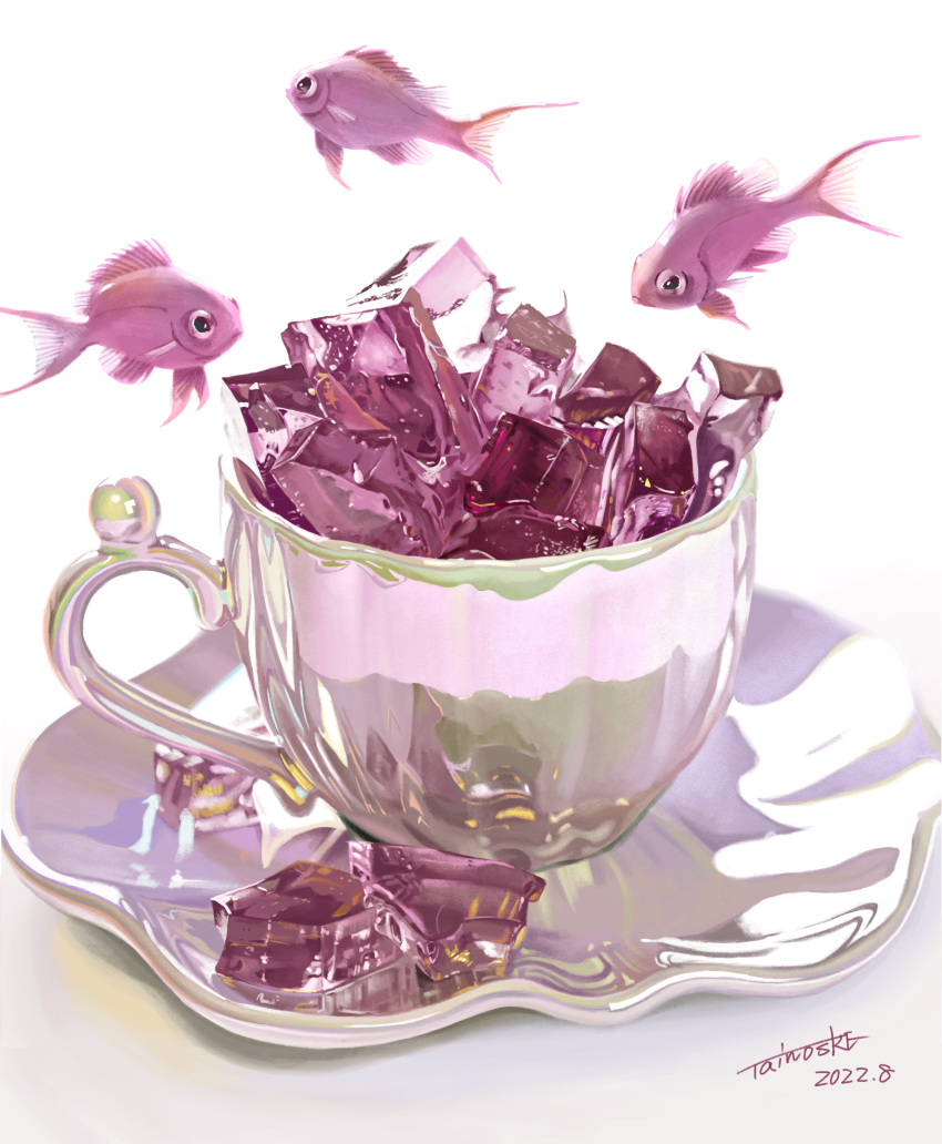 absurdres, cup, damselfish, dated, fish, food, food_focus, gelatin, highres, no_humans, original, plate, realistic, reflection, signature, tainosuke, white_background