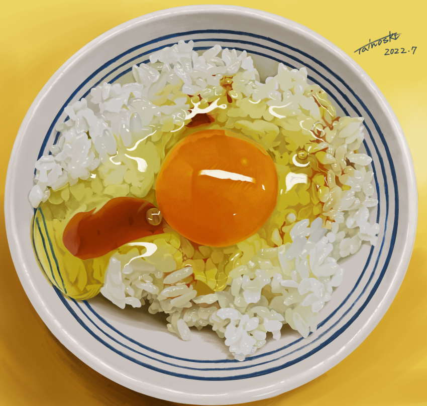 absurdres, bowl, dated, egg_(food), egg_yolk, food, food_focus, highres, no_humans, original, photorealistic, raw_egg, realistic, rice, shadow, signature, tainosuke, tamagokake_gohan, yellow_background