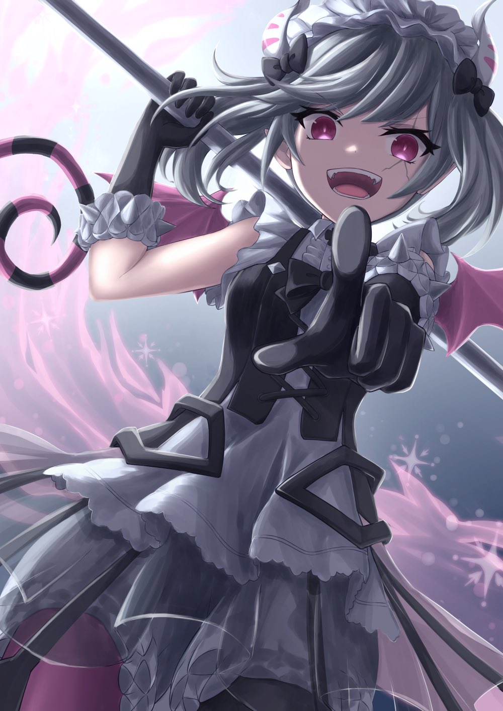 1girl, apron, arianne_the_labrynth_servant, asymmetrical_legwear, black_bow, black_bowtie, black_gloves, bodice