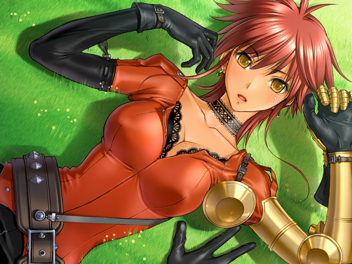 1girl, asymmetrical_clothes, asymmetrical_clothing, belt, blush, breasts, choker, cleavage, earrings, game_cg, gloves, grass, jewelry, lace, lying, mira_(queen_bonjourno), on_back, open_mouth, queen_bonjourno, red_hair, redhead, sano_toshihide, short_hair, tan, yellow_eyes