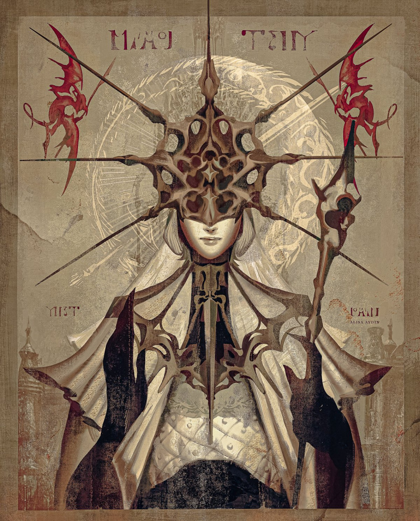 1boy, alisa_aydin, artist_name, covered_eyes, dark_souls_(series), dark_souls_i, dark_sun_gwyndolin, dress, flying, gargoyle, gold_headwear, helmet, helmet_over_eyes, highres, holding, holding_scepter, mask, polearm, robe, scepter, solo, spear, weapon, white_hair, wings