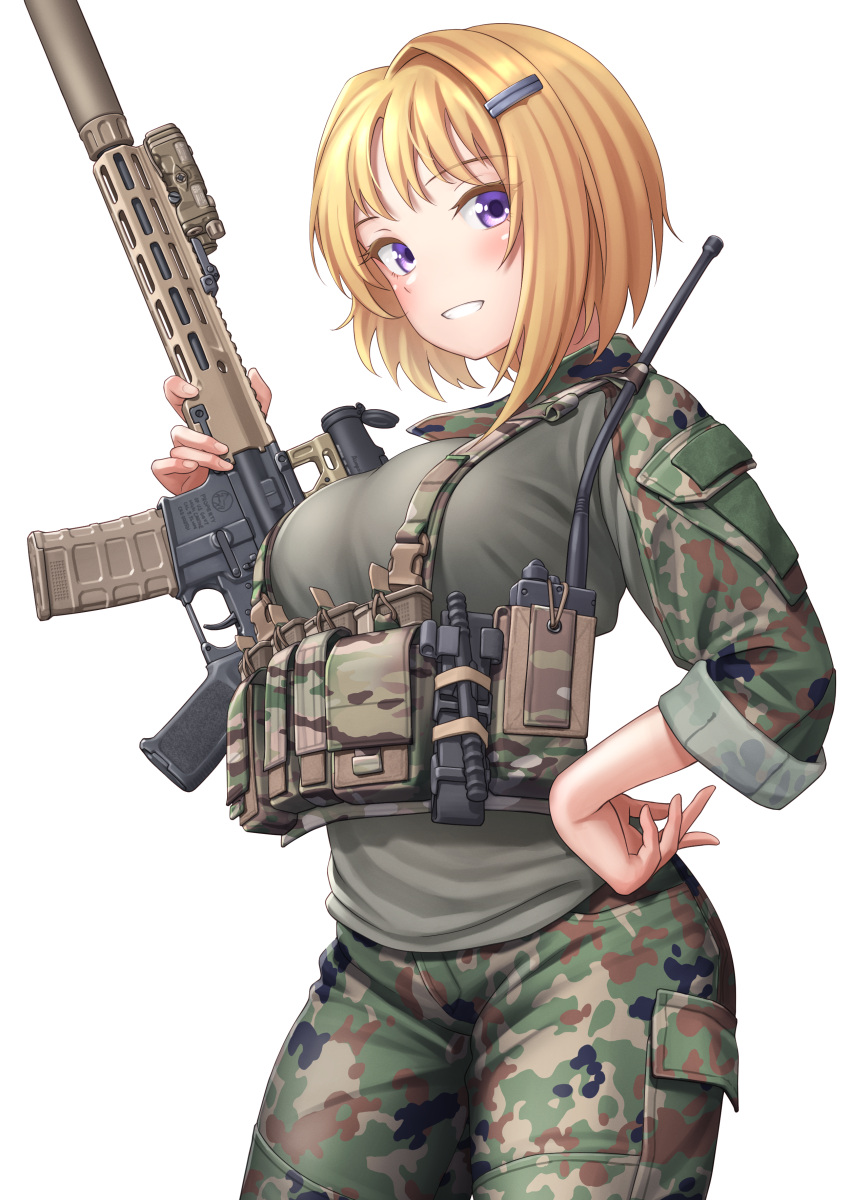 1girl, absurdres, assault_rifle, blonde_hair, breasts, camouflage, camouflage_pants, chest_rig