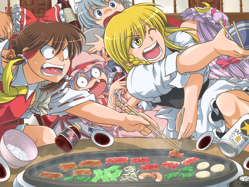 blood, brown_hair, chopsticks, hakurei_reimu, iijimatakatoshi, izayoi_sakuya, kirisame_marisa, patchouli_knowledge