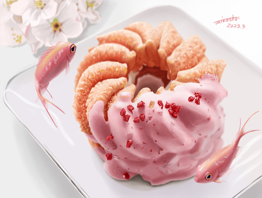 absurdres, anthias_(fish), dated, doughnut, fish, flower, food, food_focus, highres, icing, no_humans, original, plate, shadow, signature, surreal, tainosuke, white_background, white_flower