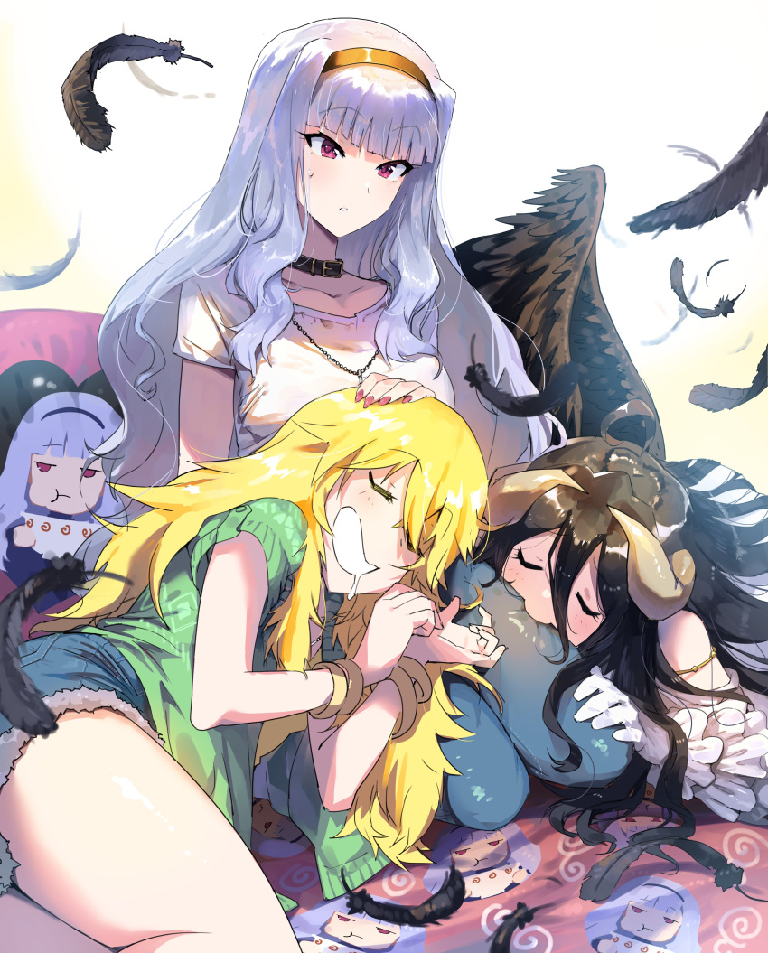 3girls, absurdres, albedo_(overlord), bangle, belt_collar, black_hair, black_wings, blonde_hair