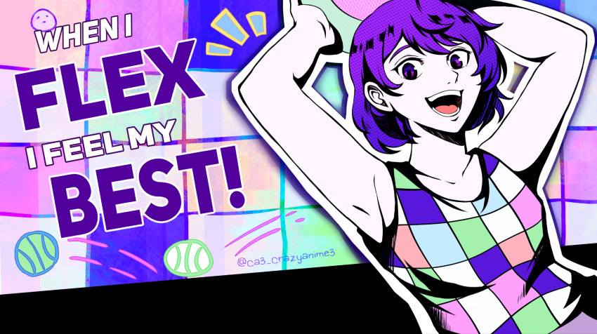 1boy, arms_behind_head, arms_up, ball, collarbone, colored_skin, crazyanime3, english_text, highres, holding, holding_ball, kel_(omori), looking_at_viewer, omori, open_mouth, persona, purple_hair, short_hair, smile, soejima_shigenori_(style), solo, teeth, tongue, violet_eyes, white_skin