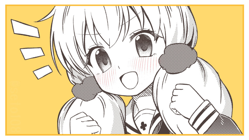 1girl, :d, blush, border, clenched_hands, close-up, commentary, cross