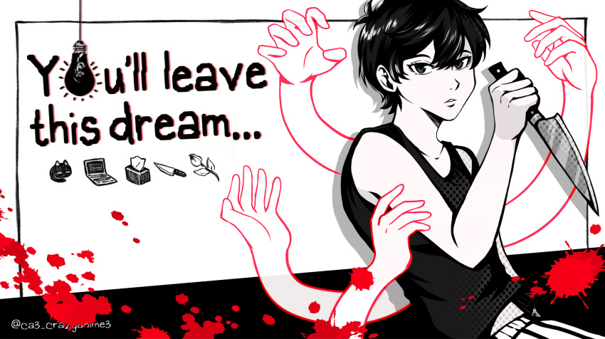 1boy, black_eyes, black_hair, blood, cat, colored_skin, computer, crazyanime3, english_text, expressionless, flower, highres, holding, holding_knife, knife, laptop, looking_at_viewer, male_focus, mewo, mewo_(omori), omori, omori_(omori), parted_lips, persona, short_hair, soejima_shigenori_(style), solo, tank_top, tissue, tissue_box, white_skin
