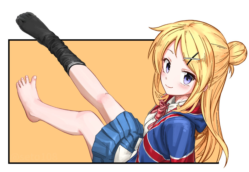 1girl, barefoot, black_socks, blonde_hair, blue_skirt, border, bow, breasts