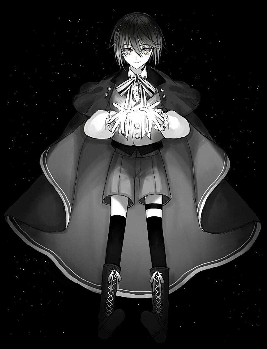 1boy, black_background, black_hair, black_thighhighs, boots, cape, closed_mouth, grey_hair