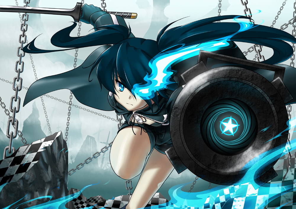 bikini_top, black_hair, black_rock_shooter, black_rock_shooter_(character), blue_eyes, flat_chest, glowing, glowing_eyes