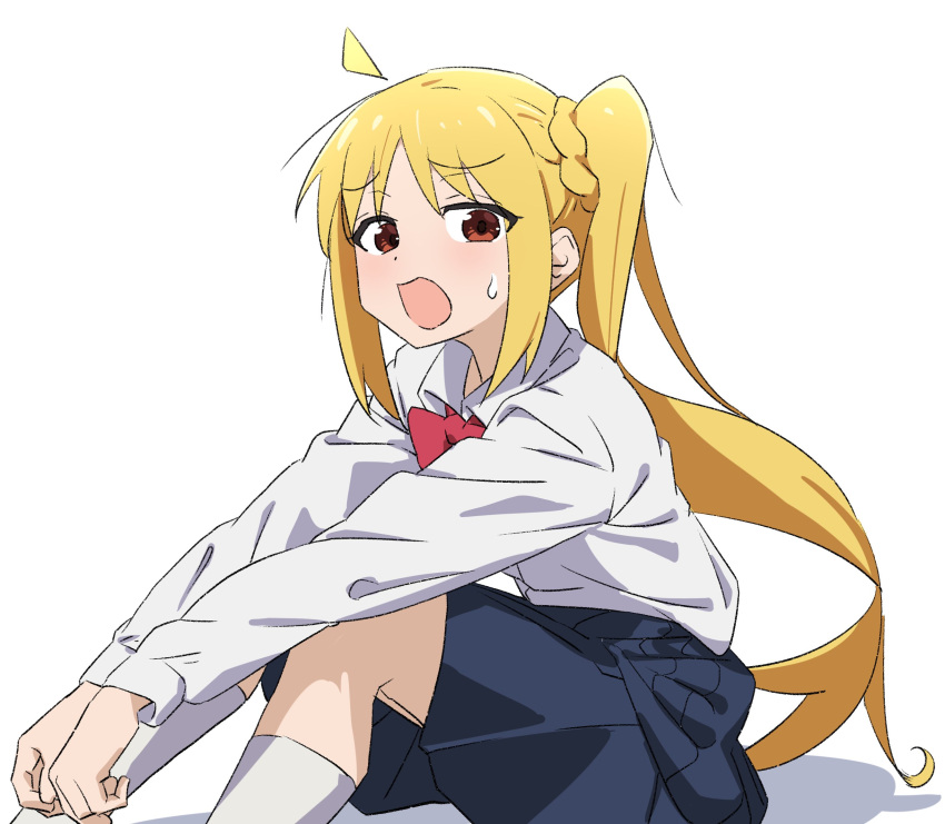 1girl, ahoge, blonde_hair, blue_skirt, bocchi_the_rock!, bow, bowtie, brown_eyes