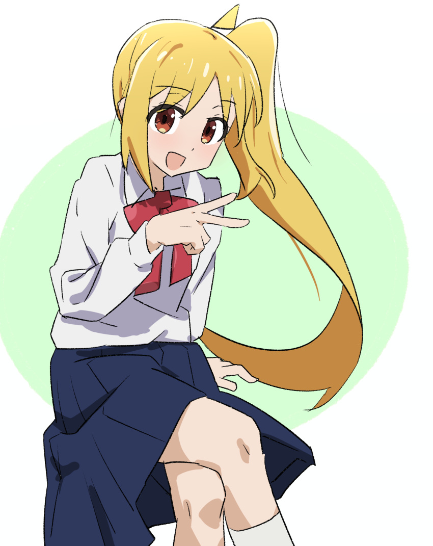 1girl, absurdres, ahoge, blonde_hair, blue_skirt, bocchi_the_rock!, bow, bowtie