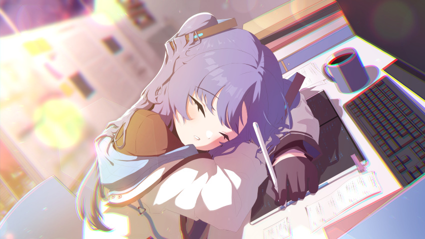 1girl, 4sm98, absurdres, arm_support, black_gloves, blazer, blue_archive, blurry, commentary_request, computer, depth_of_field, desk, gloves, hair_between_eyes, hair_ornament, head_rest, highres, holding, holding_pen, jacket, keyboard_(computer), leaning_forward, long_hair, long_sleeves, looking_at_viewer, monitor, notebook, parted_bangs, pen, purple_hair, revision, school_uniform, sidelocks, sleeping, sleeping_upright, solo, two_side_up, yuuka_(blue_archive)