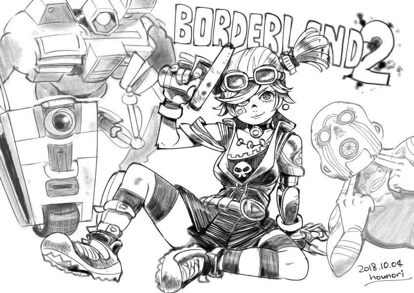 1boy, 1girl, bandaid, bandaid_on_face, borderlands_(series), borderlands_2, breasts, choker