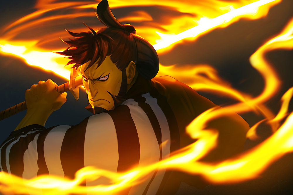 1boy, black_hair, closed_mouth, fire, holding, holding_sword, holding_weapon, japanese_clothes, katana, kimono, kinemon, looking_at_viewer, one_piece, short_hair, sideburns, solo, solo_focus, sword, weapon, zitszy