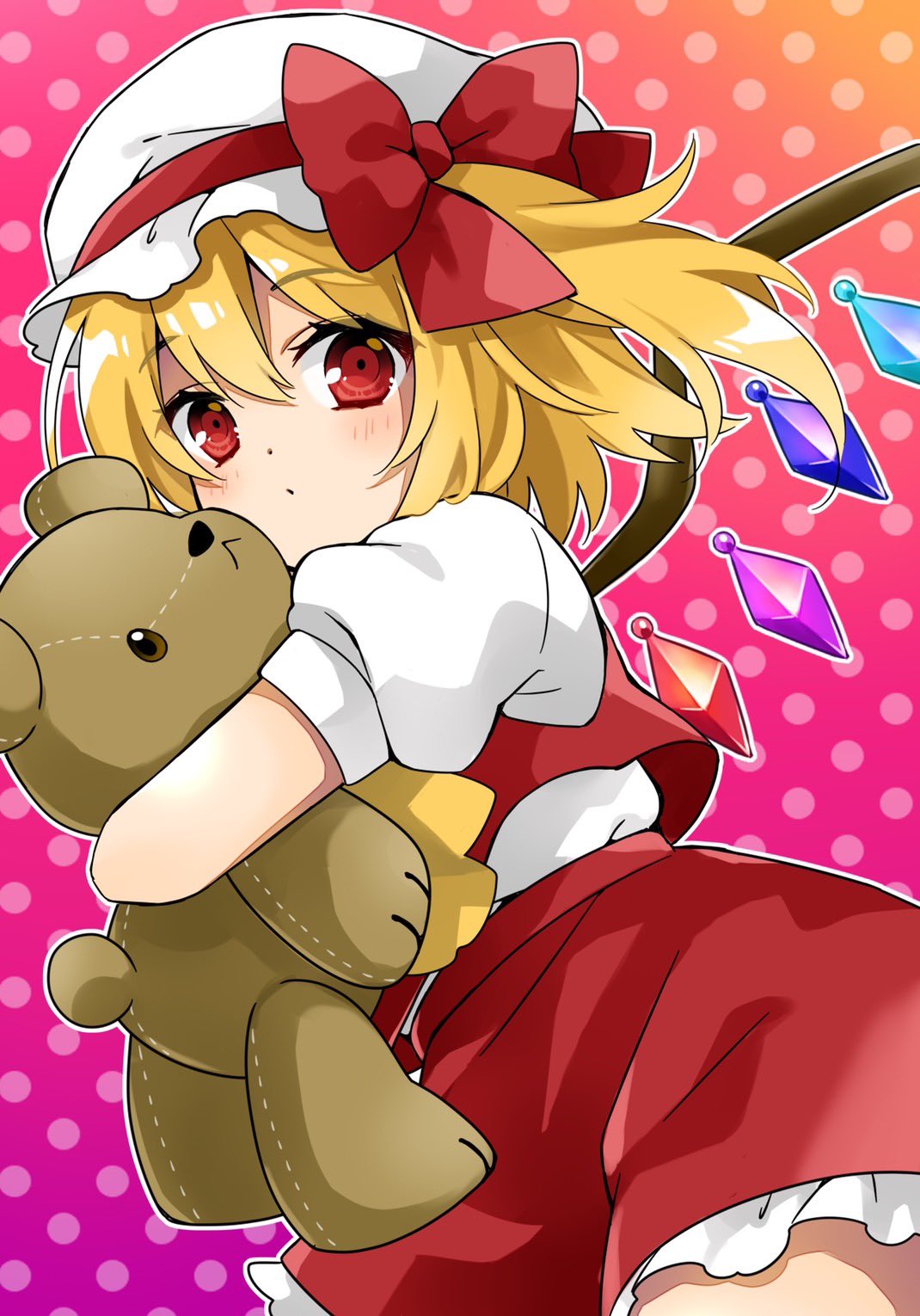 1girl, blonde_hair, blush, doll_hug, dress, flandre_scarlet, hat, highres
