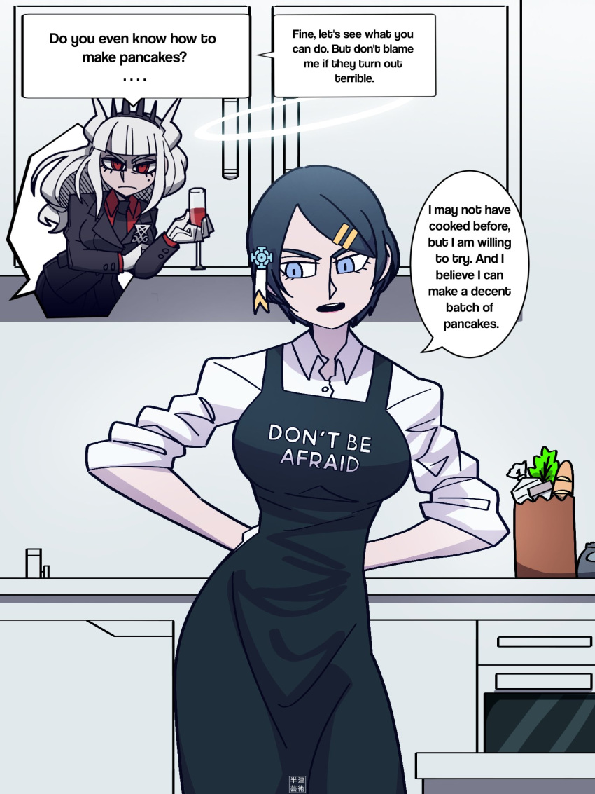 2girls, angel_(helltaker), apron, archangel_(helltaker), bag, black_apron, black_hair, blue_eyes, cooking, hair_ornament, hairclip, helltaker, helltaker_(character), highres, kitchen, lucifer_(helltaker), michael_(helltaker), multiple_girls, open_mouth, paper_bag, shirt, solo, white_shirt