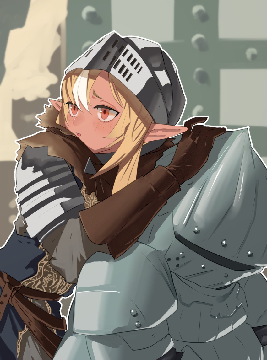 1girl, armor, belt, blonde_hair, blush, breastplate, brown_belt, brown_gloves