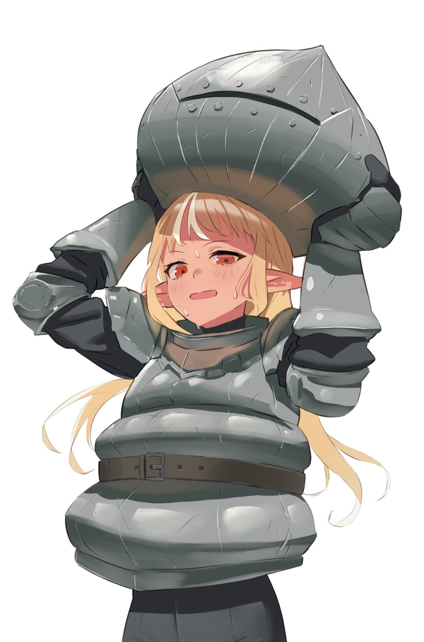1girl, armor, arms_up, belt, black_skirt, blonde_hair, blush, breastplate, brown_belt, commentary_request, cosplay, cowboy_shot, dark_souls_(series), dark_souls_i, gauntlets, headwear_removed, helm, helmet, helmet_removed, highres, hololive, long_hair, looking_at_viewer, multicolored_hair, open_mouth, orange_eyes, pleated_skirt, pointy_ears, shiranui_flare, siegmeyer_of_catarina, siegmeyer_of_catarina_(cosplay), simple_background, skirt, solo, streaked_hair, sweatdrop, uzuradobin, virtual_youtuber, white_background