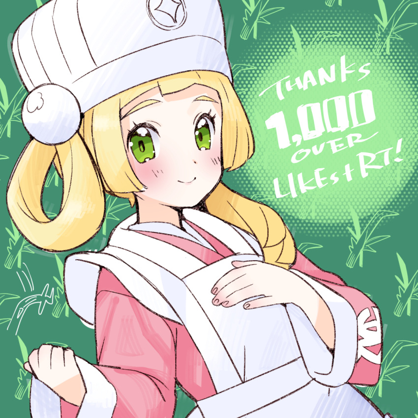 1girl, apron, blonde_hair, blunt_bangs, blush, closed_mouth, cosplay, eyelashes