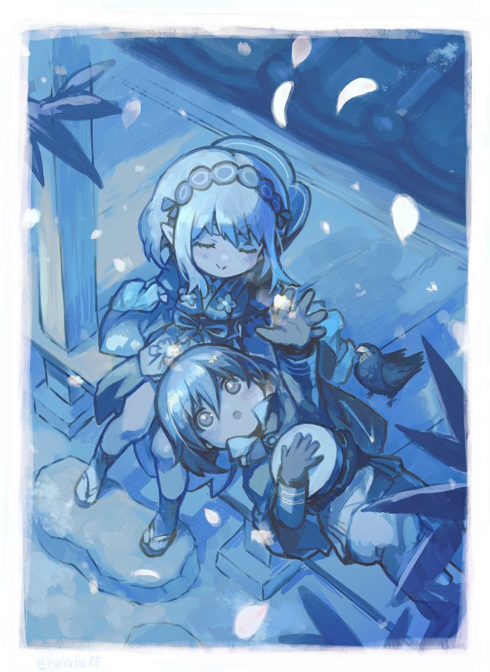 2girls, bird, capelet, closed_eyes, closed_mouth, crow, eyelashes, falling_petals