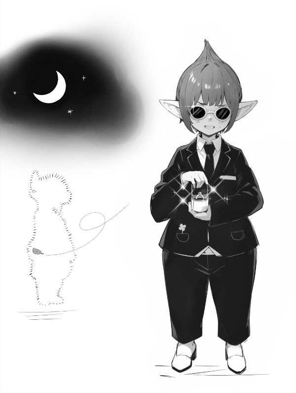 1boy, clover, collared_shirt, commentary, crescent, english_commentary, failure, final_fantasy