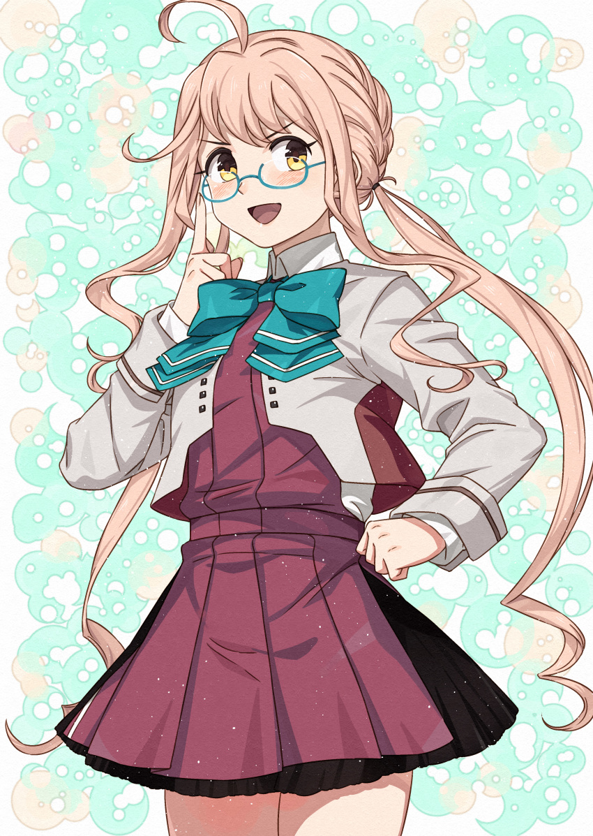 1girl, absurdres, ahoge, aqua_bow, aqua_bowtie, blush, bow, bowtie