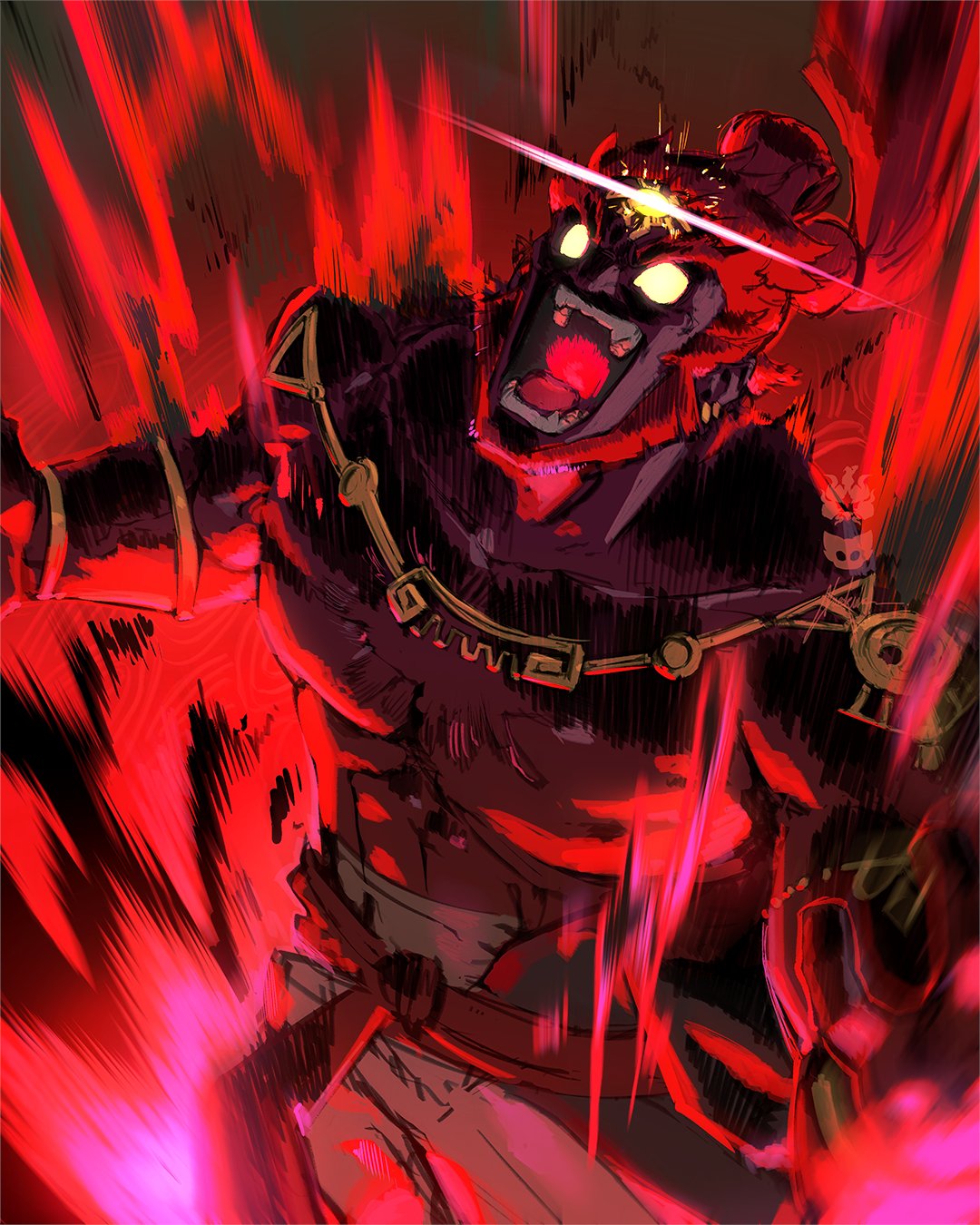 1boy, aura, blank_eyes, dark-skinned_male, dark_skin, fangs, forehead_jewel, ganondorf