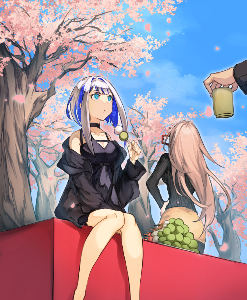 1boy, 2girls, absurdres, alternate_costume, aslaug_(fate), bare_shoulders, black_choker, black_dress