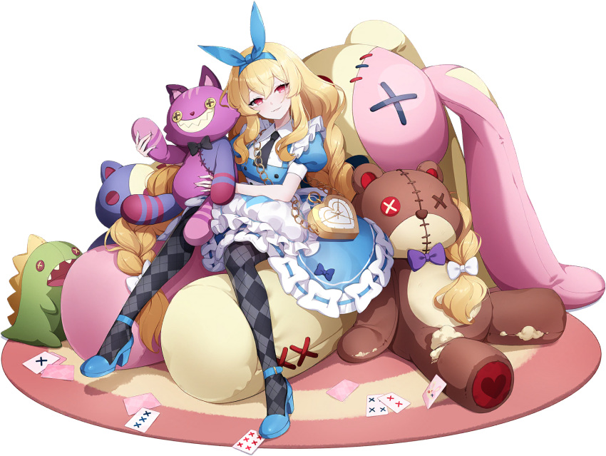 1girl, alice_(alice_in_wonderland), alice_(alice_in_wonderland)_(cosplay), black_socks, blonde_hair, blue_bow, blue_footwear, blush