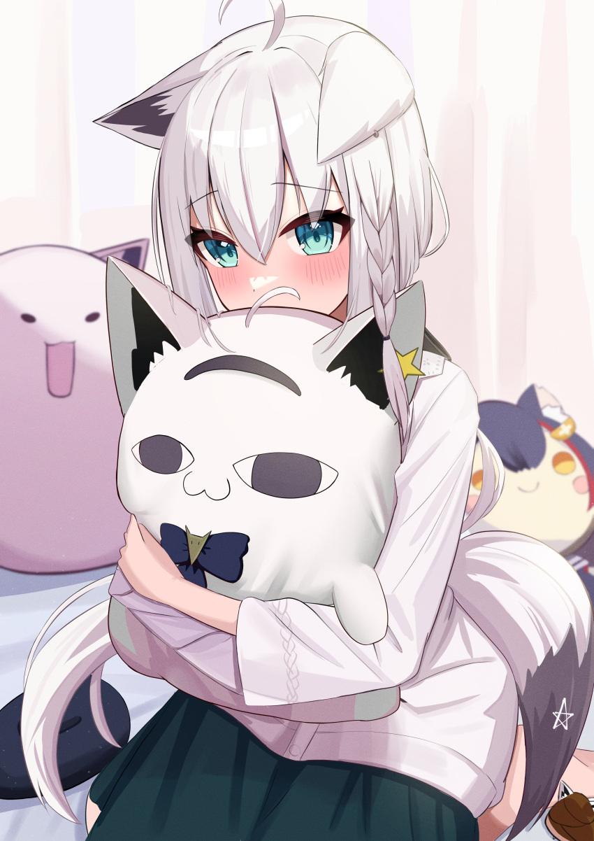 1girl, absurdres, ahoge, animal_ear_fluff, animal_ears, bed_sheet, blush, braid