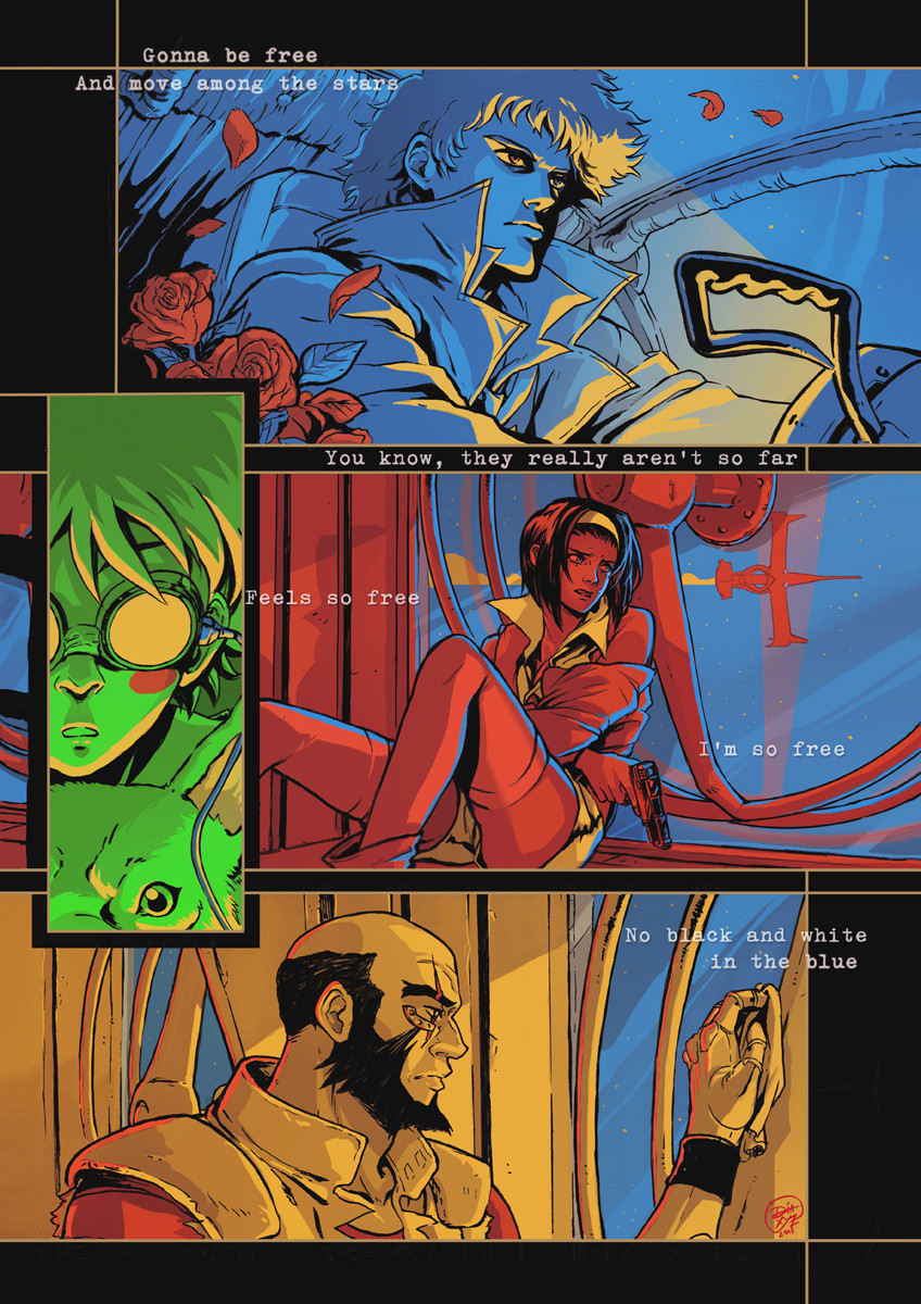 2boys, 2girls, bald, beard, black_hair, cowboy_bebop, crying, crying_with_eyes_open