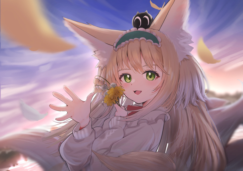 1girl, aki_(mkjn5227), animal_ear_fluff, animal_ears, aqua_hairband, arknights, black_cat, blonde_hair, blurry, blurry_background, blush, cardigan, cat, commentary, crossover, falling_petals, flower, fox_ears, fox_girl, fox_tail, frilled_hairband, frills, green_eyes, hairband, heixiu, highres, holding, holding_flower, kitsune, kyuubi, lily_of_the_valley, long_hair, long_sleeves, looking_at_viewer, luo_xiaohei_zhanji, multicolored_hair, multiple_tails, name_connection, neck_ribbon, object_namesake, official_alternate_costume, on_head, open_cardigan, open_clothes, open_mouth, petals, puffy_long_sleeves, puffy_sleeves, red_ribbon, ribbon, solo, suzuran_(arknights), suzuran_(spring_praise)_(arknights), tail, two-tone_hair, upper_body, waving, white_cardigan, white_hair